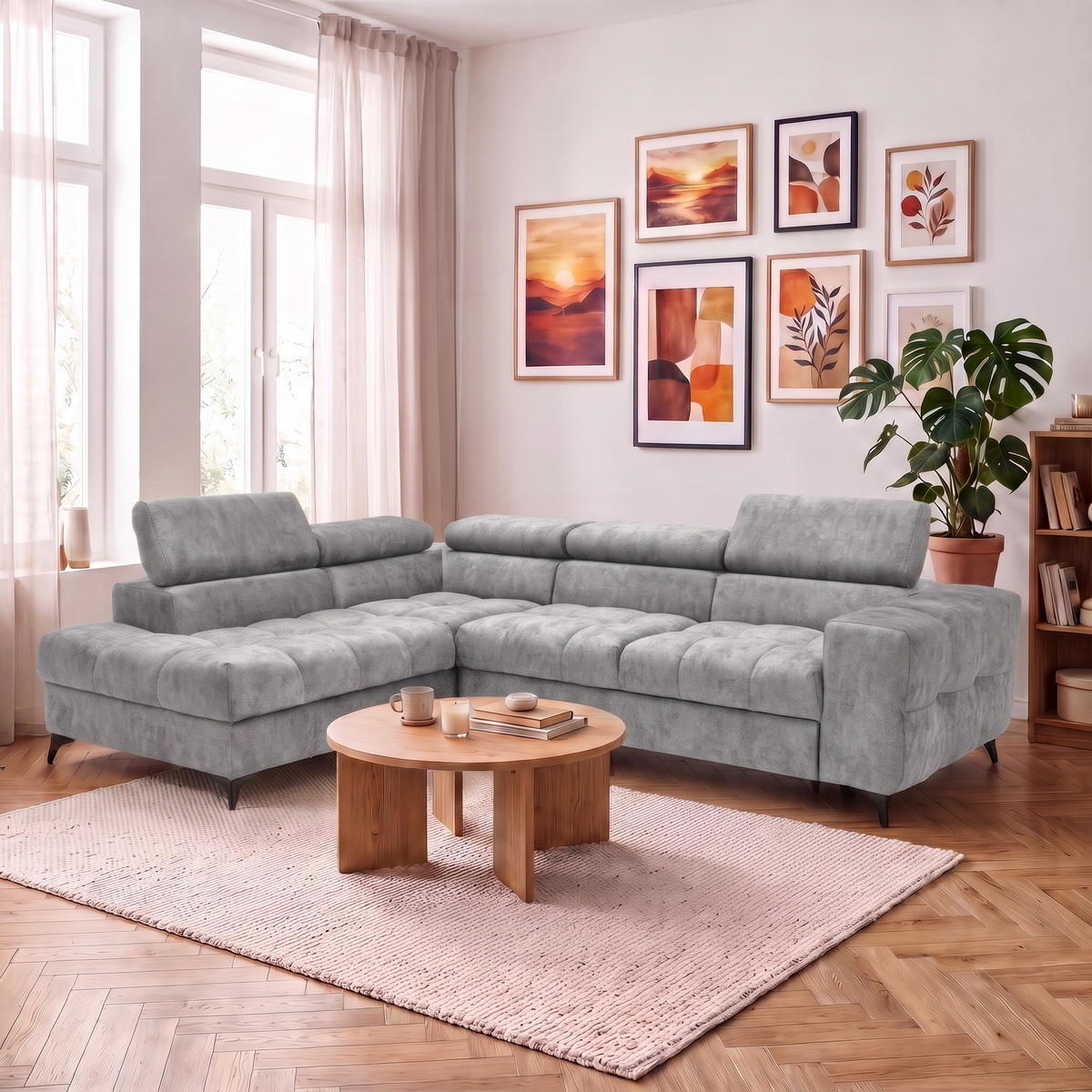 ECKSOFA PUDDING L Links mit Schlaffunktion 128x197 Velours Grau - Schwarz/Grau, Holz/Textil (270/204cm) - Muffo