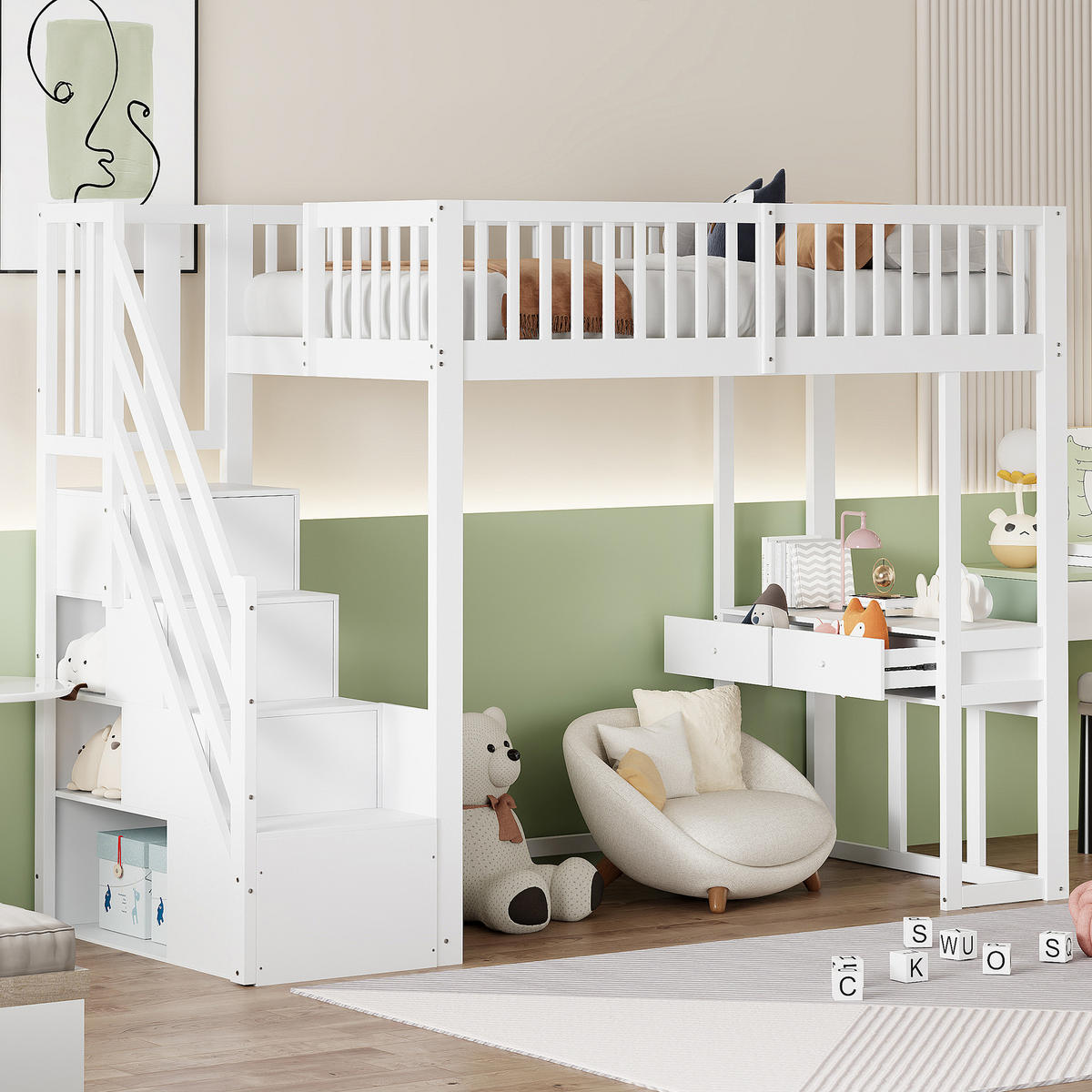 HOCHBETT 90/200 cm DE-01182, in Weiß, mit Tisch und Stauraum-Treppe - Weiß, Holz (90/200cm) - ComfortXL