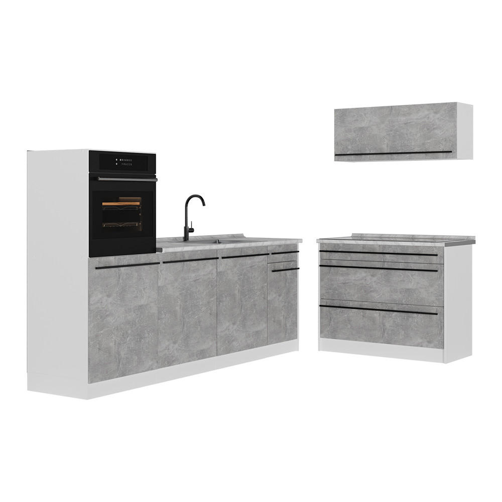 KÜCHENZEILE R-Line, Beton/Weiß, 220 cm Arbeitsplatte Marmor - Weiß/Grau, Holzwerkstoff (220/143/60cm) - Vicco