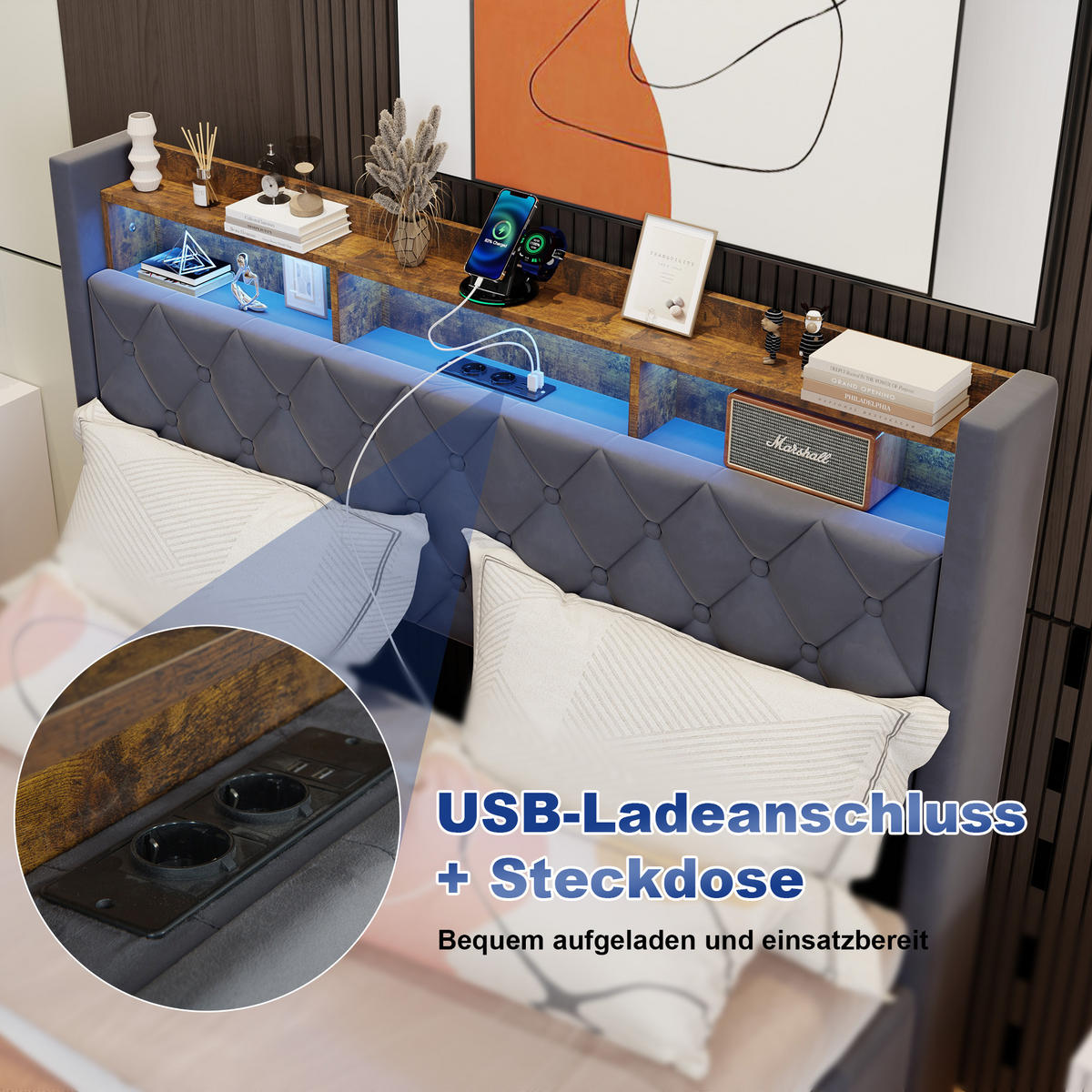 POLSTERBETT 160/200 cm aus Samt in Dunkelgrau mit Lattenrost - Grau, Textil (160/200cm) - BEAOK