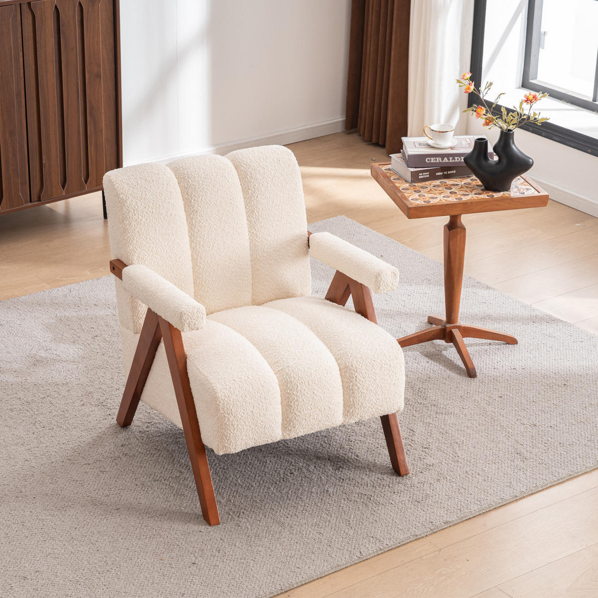 SESSEL Bouclé Beige mit Holzrahmen - Beige, Holz/Holzwerkstoff (77/77/68.5cm) - WISHDOR
