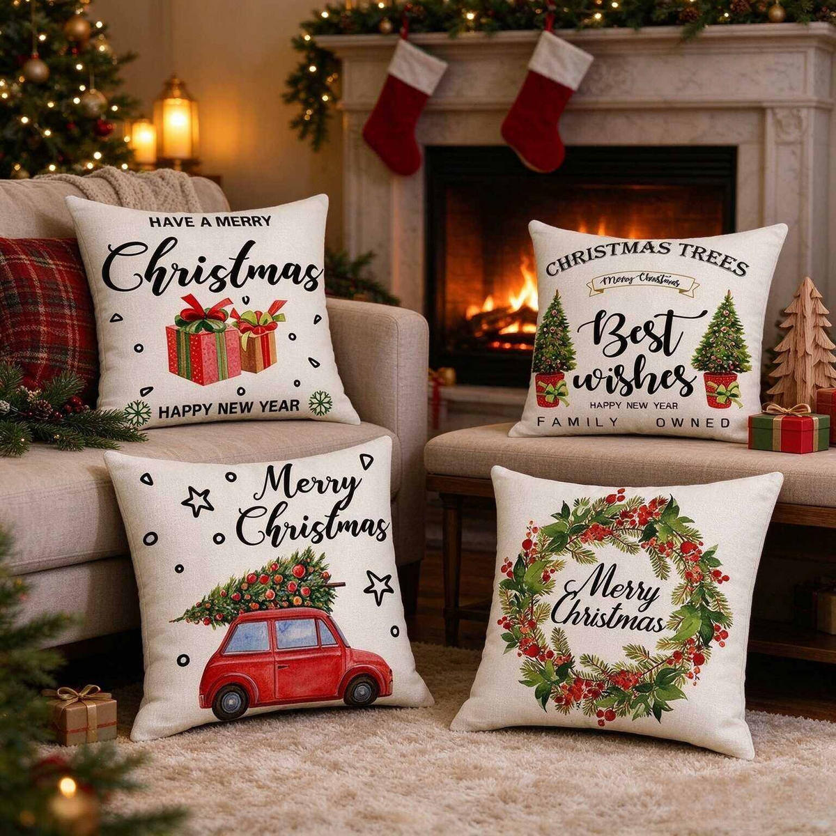 KISSENBEZUG – Weihnachtskissenbezug (Kissenfüllung nicht enthalten) – 45 x 45 cm – Multicolor(vier Stück) - Multicolor, Textil (45/45cm)