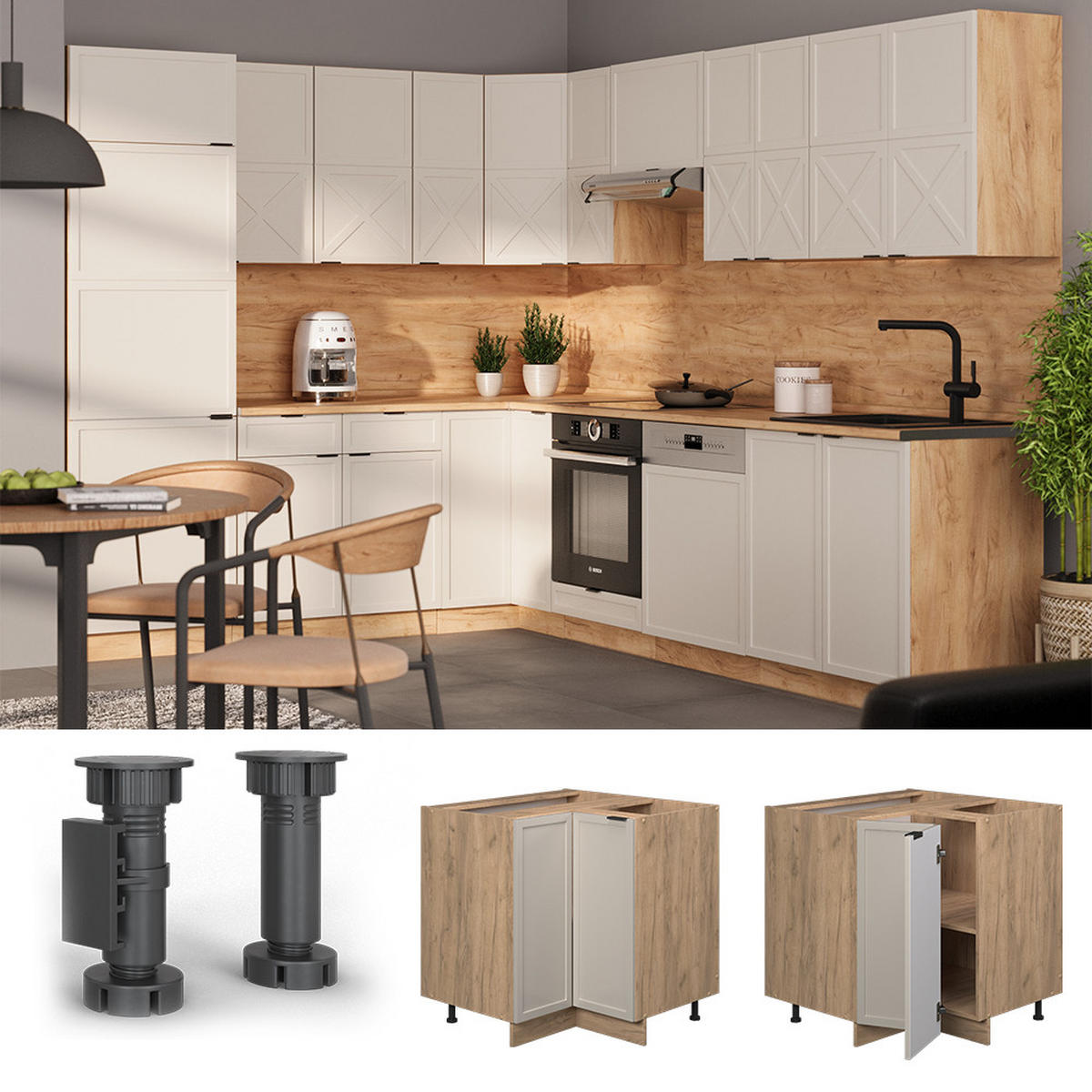 ECKUNTERSCHRANK Fame-Line GrauBeige 80.5 cm, AP Marmor - Honigeiche/Eiche Wotan, Holzwerkstoff (80.5/82/60cm) - Vicco