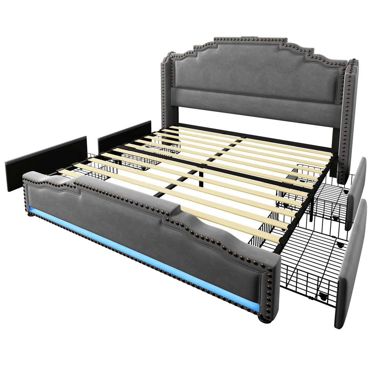 POLSTERBETT mit 4 Schubladen und LED 140x200 cm Samt Grau - Grau, Metall (140/200cm) - Meubliv