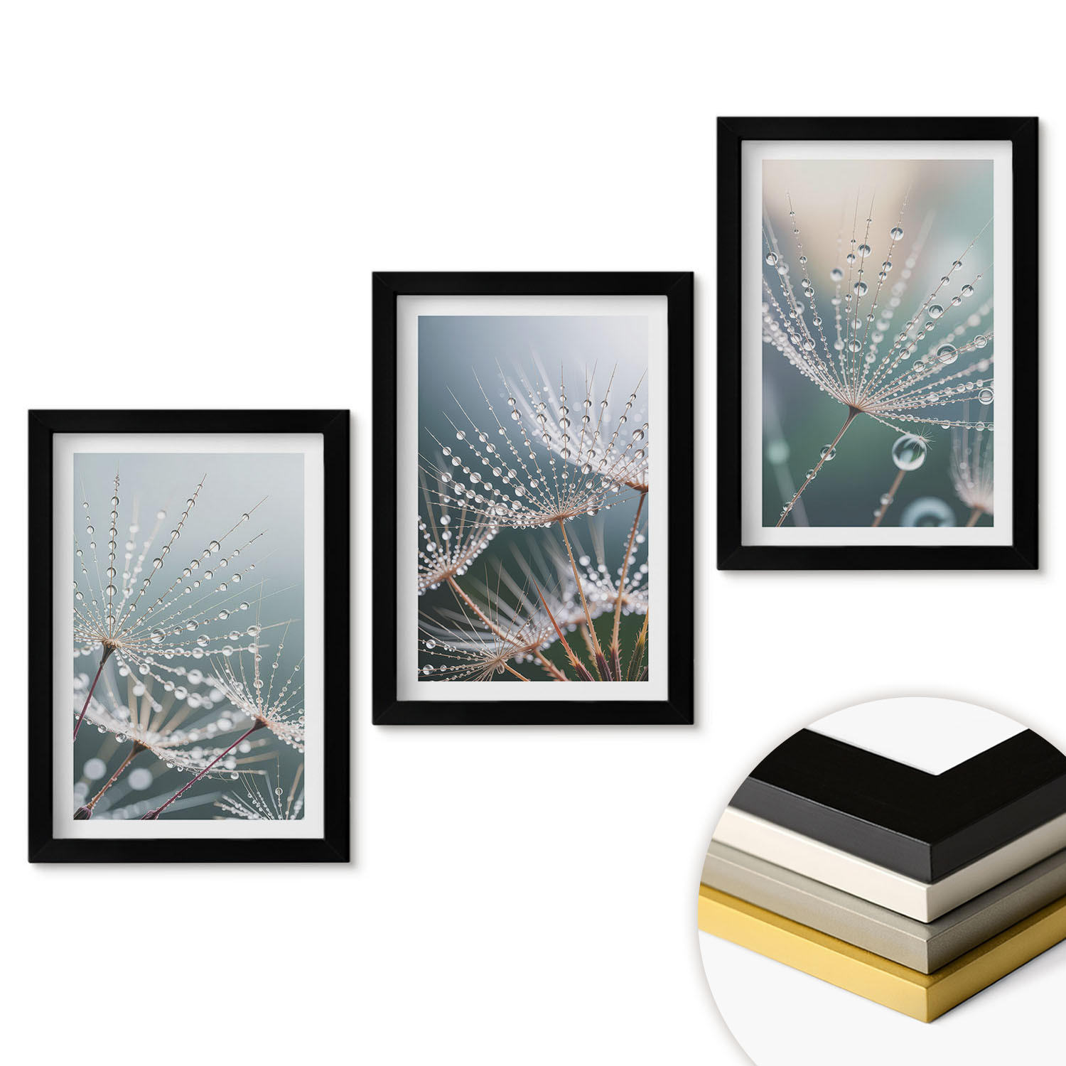 WANDBILDER 3er-Set - 20x30 cm Schwarzer Rahmen - Wassertropfen auf Löwenzahnsprossen - Schwarz, Kunststoff (20/30cm) - ArtPrintCave