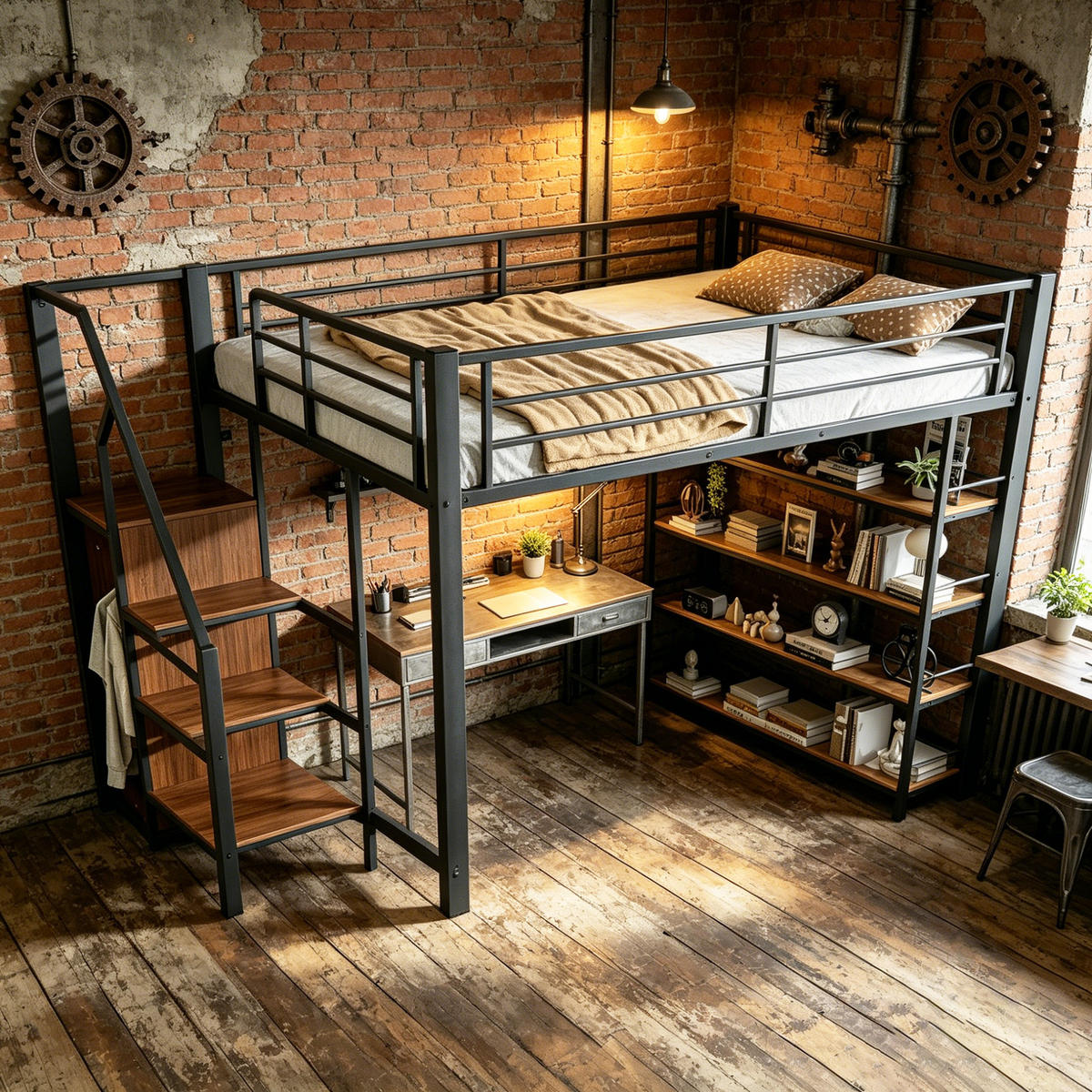 HOCHBETT 140/200 cm aus Metall mit Stauraumtreppe und Kleiderschrank, Schwarz - Schwarz, Metall (140/200cm) - OKMYHOME