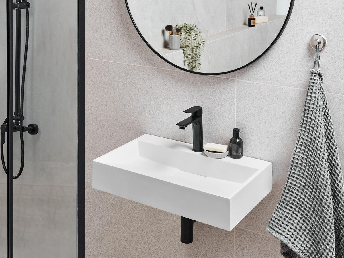 HÄNGEWASCHBECKEN Weiß 60/38 cm Mineralguss Quenko - Weiß, Naturmaterialien (60/12/38cm) - Beliani