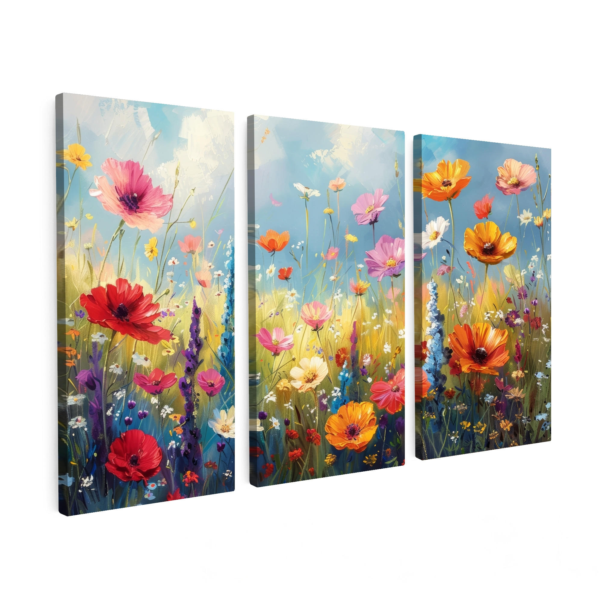 LEINWANDBILD 3er Set Blumen - Frühling - Farbenfroh - Sommerlich 120x80 cm - Orange, Textil (120/80cm) - MuchoWow