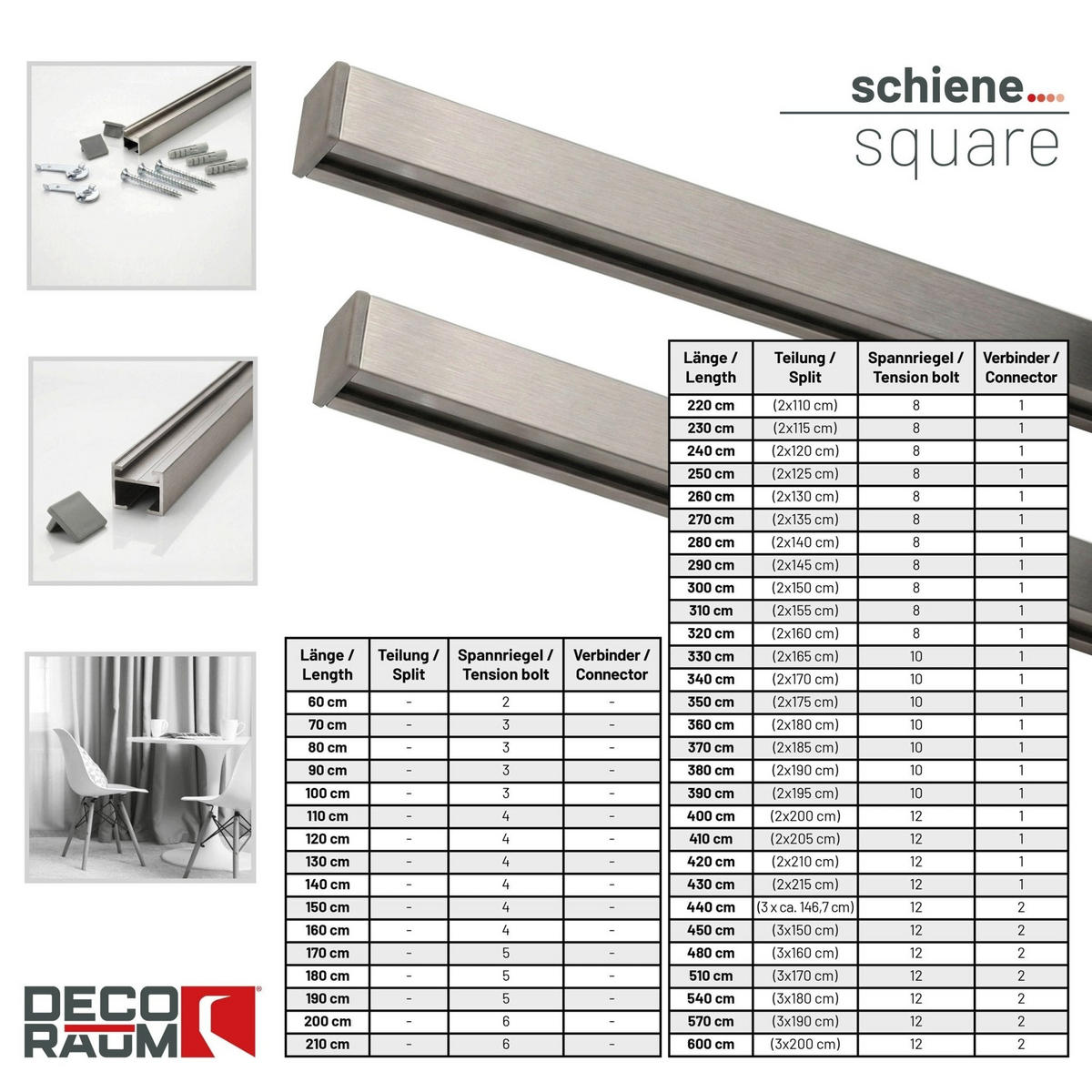 GARDINENSCHIENE Innenlauf auf Maß Edelstahl-optik Serie Square - strieborná, kov (600cm) - Deco-Raum