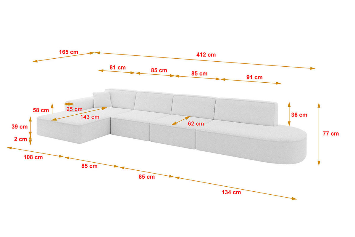 ECKSOFA Ottomane Links IREA-L3-v3 - 412x165x77 cm Weiß - Weiß, Holzwerkstoff/Textil (412/165cm) - ALTDECOR
