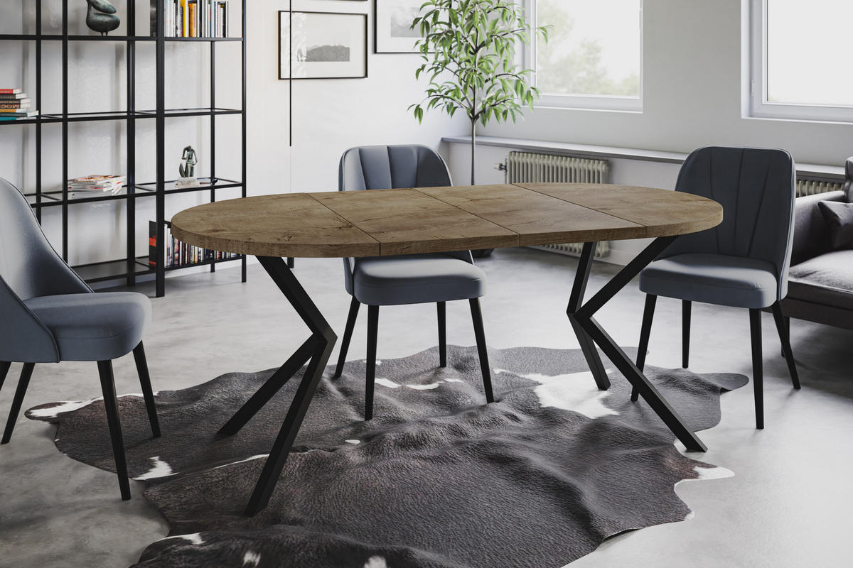 ESSZIMMERTISCH LOFT LITEN, ausziehbarer Tisch 120 cm/200 cm, Farbe: Grau, mit Metallbeinen in Farbe Schwarz - Dunkelbraun/Schwarz, Holzwerkstoff (120/120/76cm) - Alpi-Möbel