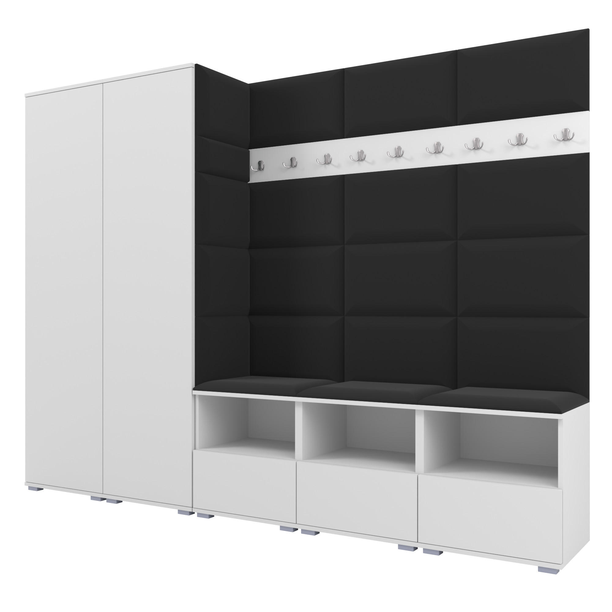 GARDEROBE NELA VII 250 cm (Modulare Flurmöbel XL Weiß mit Sitzpolster Schwarz 16 2 Schränke) - Silberfarben/Schwarz, Holz/Holzwerkstoff (250/187/40cm) - Ravio