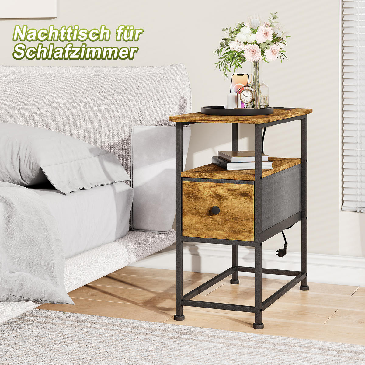 NACHTTISCH LED USB Schublade offene Fächer Tigerstreifen - Naturfarben, Holz (60/62/30cm) - LEBENLANG