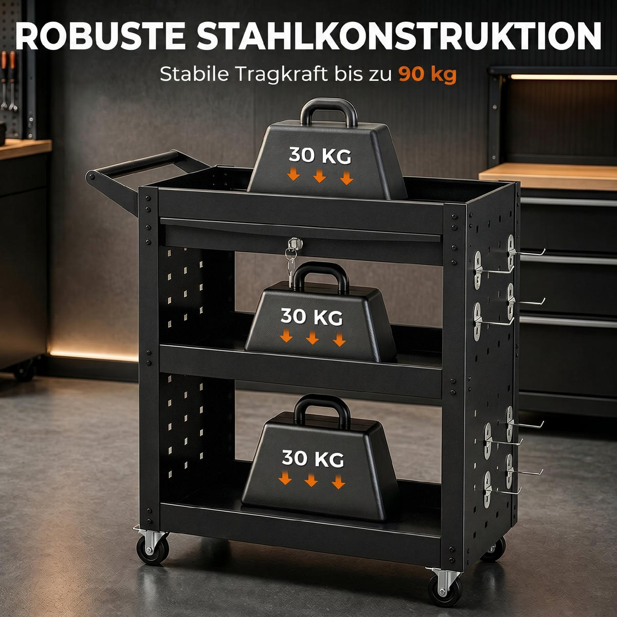 OCELOVÝ vozík na nářadí, černý - černá, kov/plast (35/73/78cm) - HOMCOM