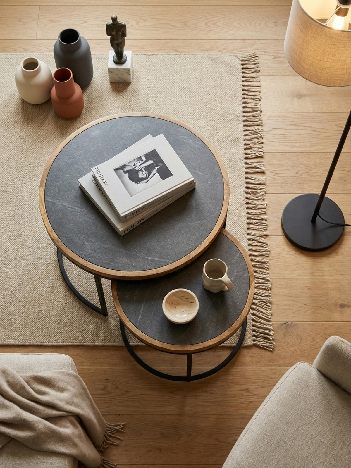 COUCHTISCH Set – 2-teilig Rund Mango Massivholz Steinoptik Metall Braun Anthrazit - Schwarz/Braun, Holz/Metall (60/60/46cm) - KADIMA DESIGN