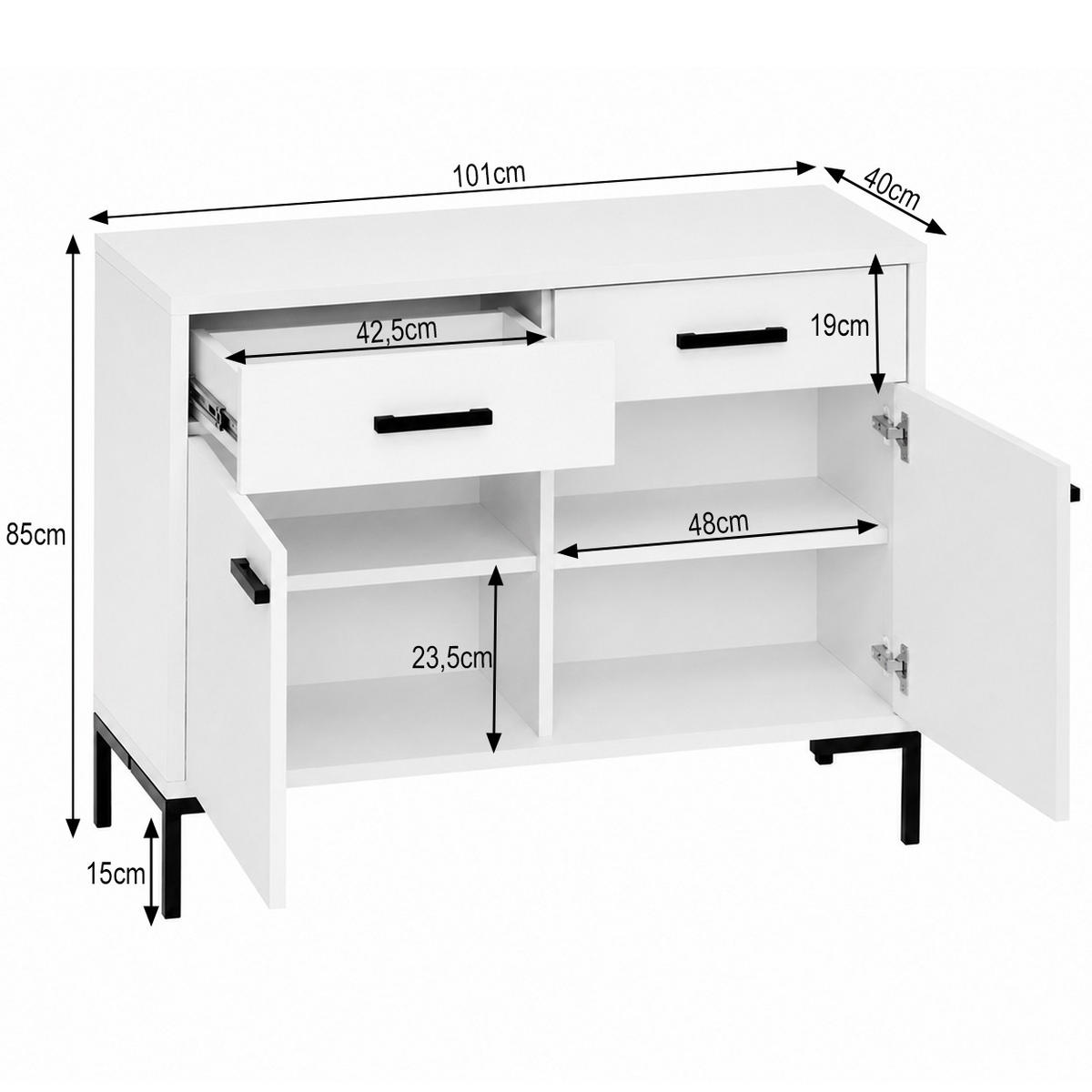 KOMODA Montreal se 2 dvířky a 2 zásuvkami, dekorativní 3D čela, 100 cm, bílá - bílá/černá, kov/kompozitní dřevo (101/85/40cm) - Beautysofa