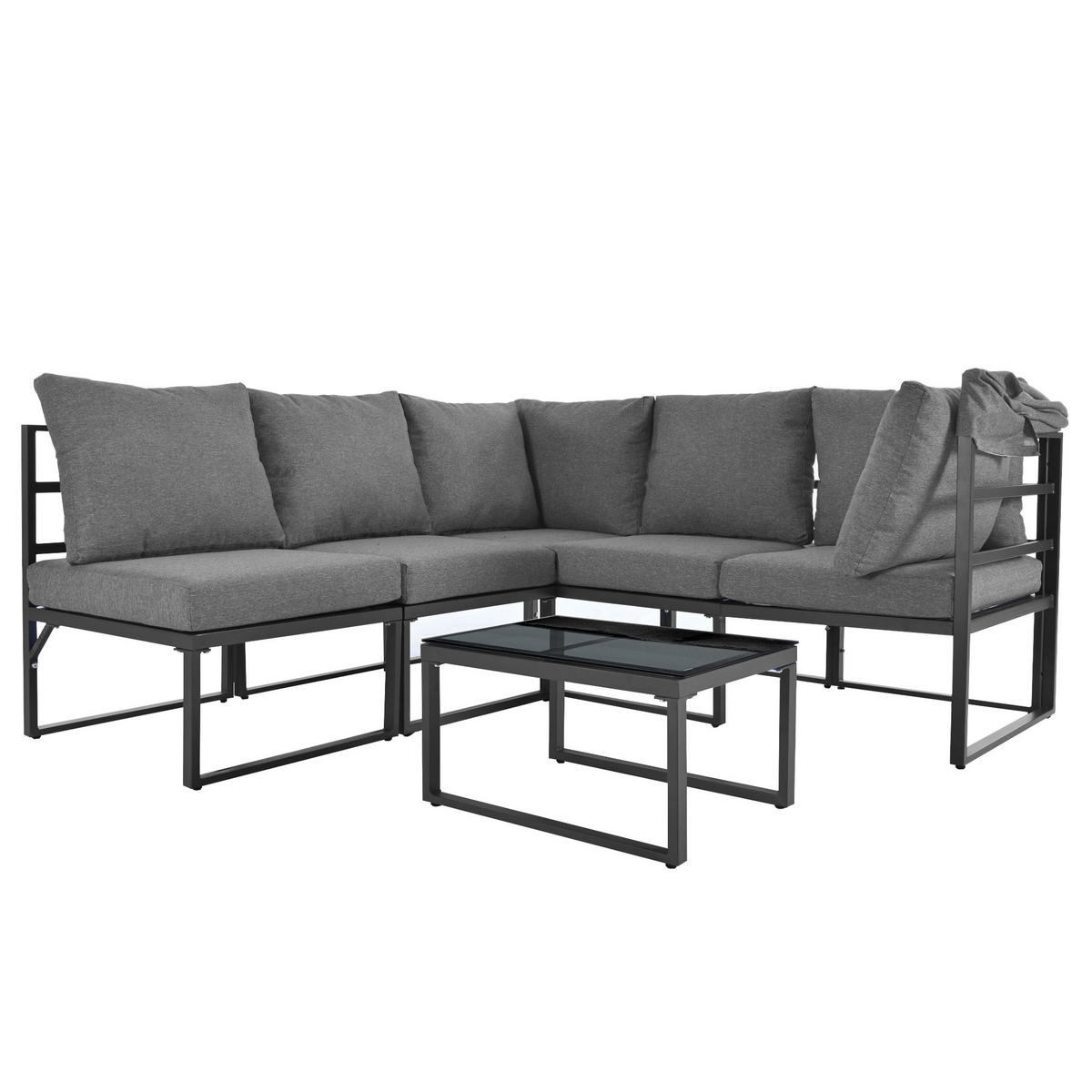 LOUNGESESSEL Set Iron Sunny Island mit Hocker Tisch und Markise 4teilig Wetterfest für Balkon Garten Grau mit Kissen - Grau, Metall