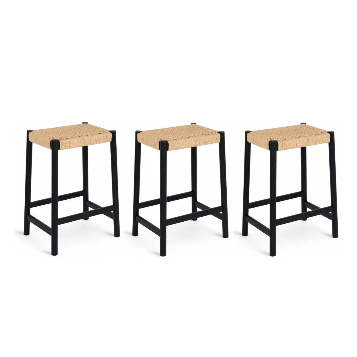 BARHOCKER-SET 3 Stück in Rattan / Eiche Schwarz - Beige/Schwarz, Holz/Papier (44/66/37cm) - Furnhouse