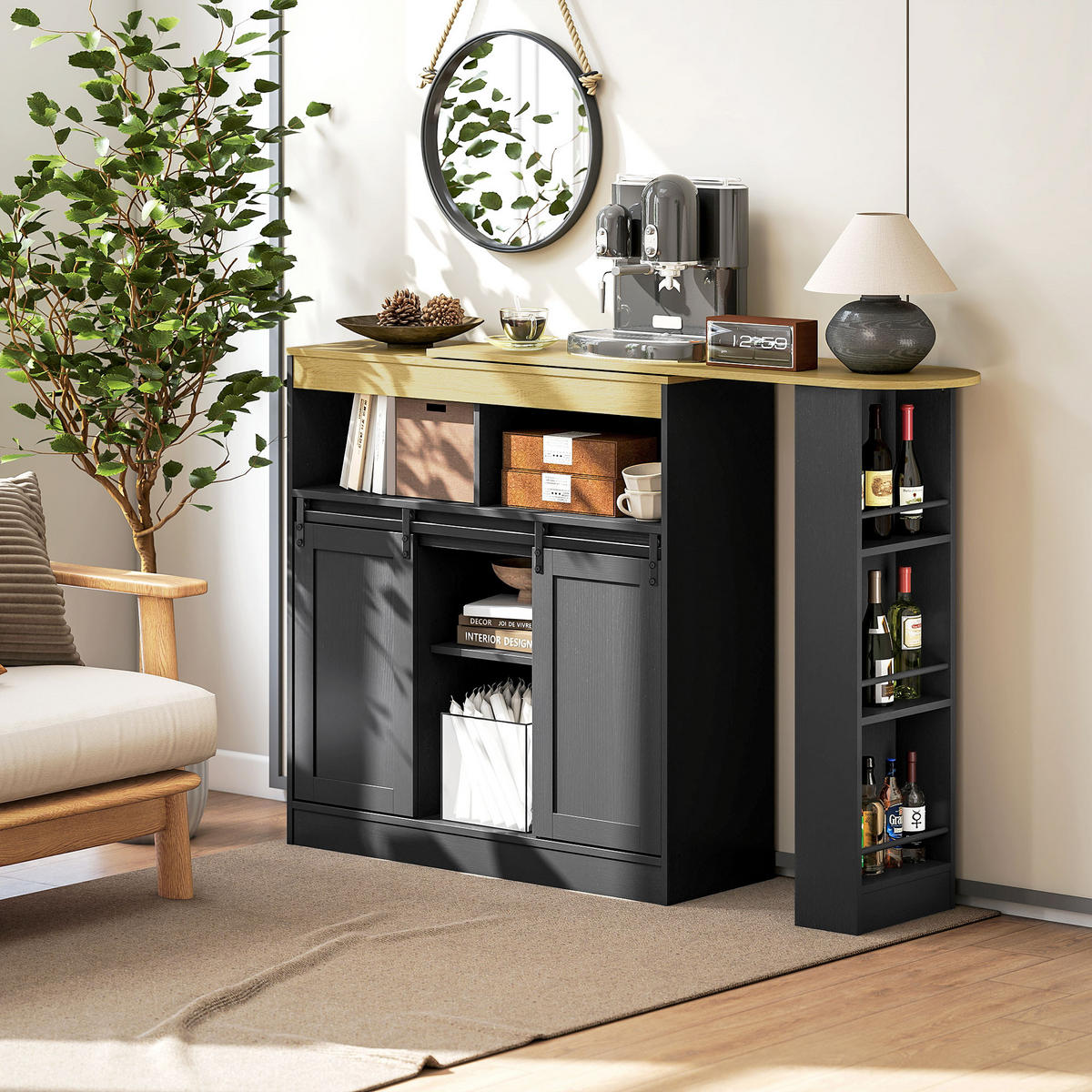 Ausziehbarer-Bartisch Spanplatte MDF Schwarz - Schwarz, Holzwerkstoff (187.5/35/105cm) - HOMCOM