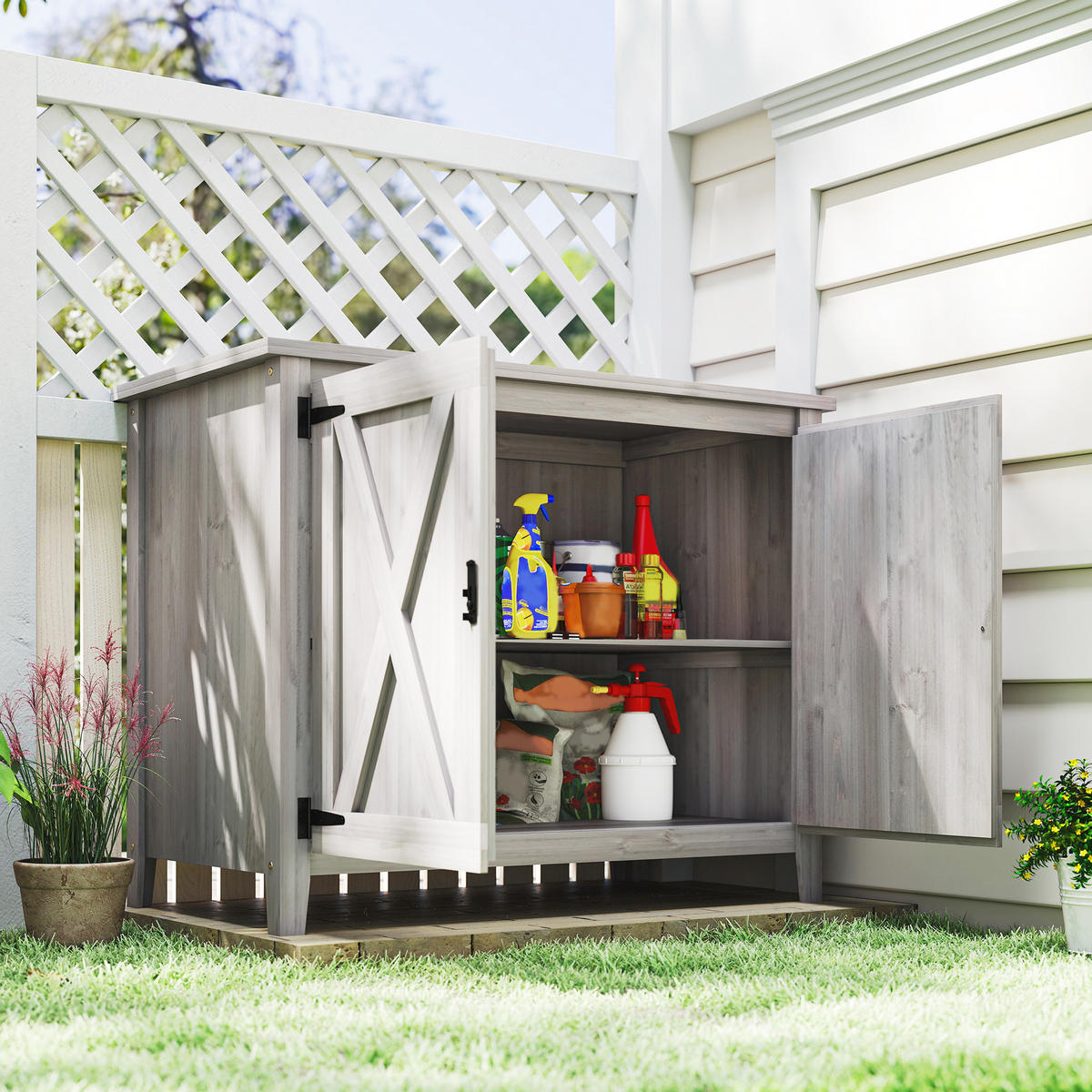 GARTENSCHRANK Holz, Geräteschuppen wetterfest 110x60x88,5cm, Gerätehaus Dach - Hellgrau, Holz (60/88.5/110cm) - Outsunny