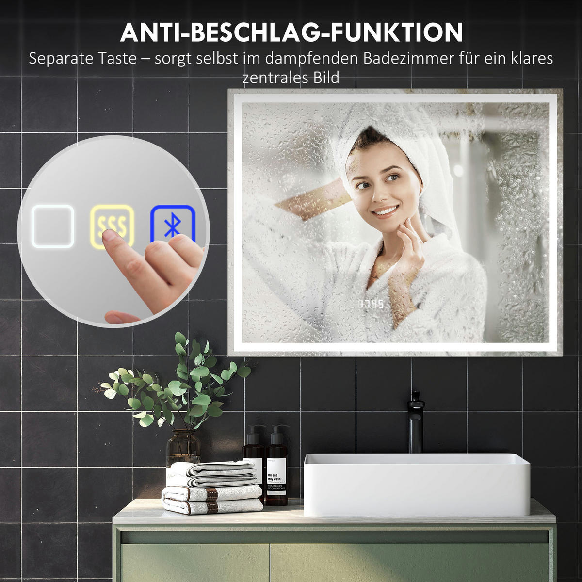 BADEZIMMERSPIEGEL mit LED-Beleuchtung, Anti-Beschlags-Pad, 3 Lichtfarben, Uhr - Silberfarben, Glas (80/3.5/100cm) - HOMCOM