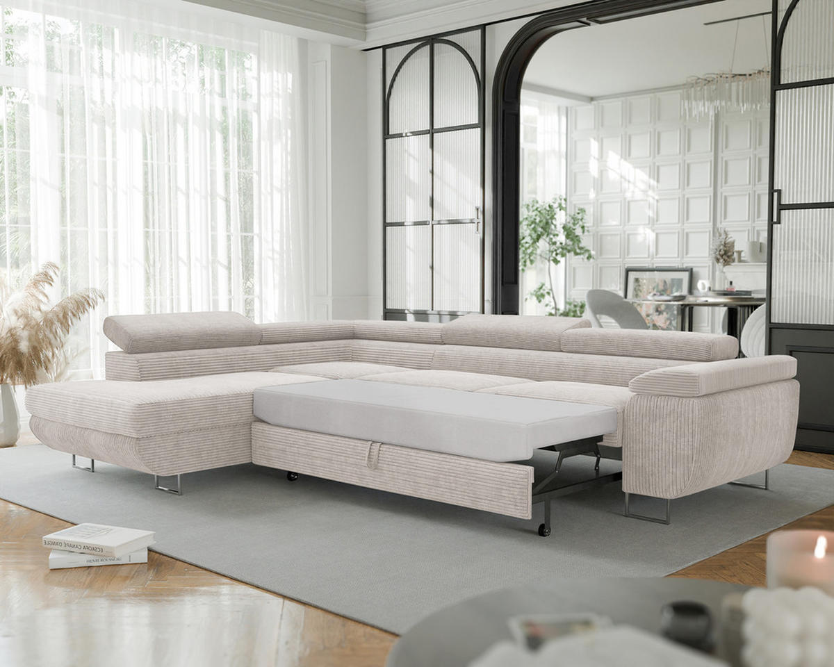 ECKSOFA ANTON mit Schlaffunktion und Bettkasten Creme - Creme, Holzwerkstoff/Kunststoff (274/203cm) - Idohome