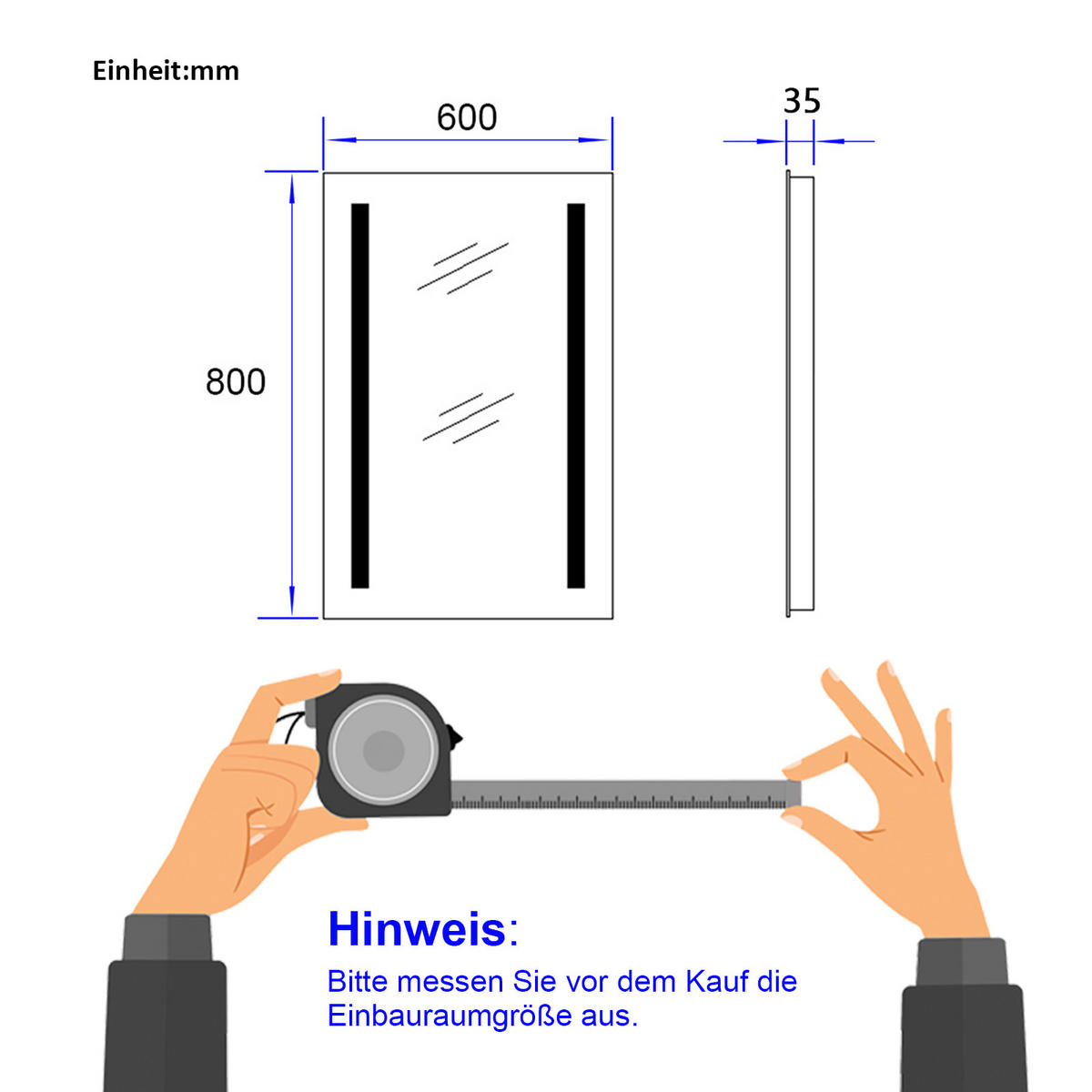 BADSPIEGEL mit Beleuchtung Rechteckig Umweltfreundlicher Silberspiegel 80/60 cm - Weiß, Glas (60/80/3.5cm) - EMKE