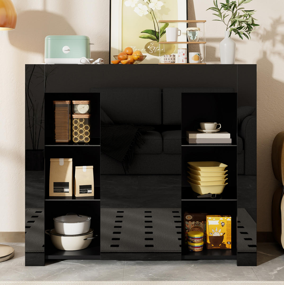 SIDEBOARD aus Spanplatte 95x35x83 cm Schwarz mit Hochglanzfront, Glaseinlegeböden und Tür - Schwarz, Holzwerkstoff (95/83/35cm) - IVMEU