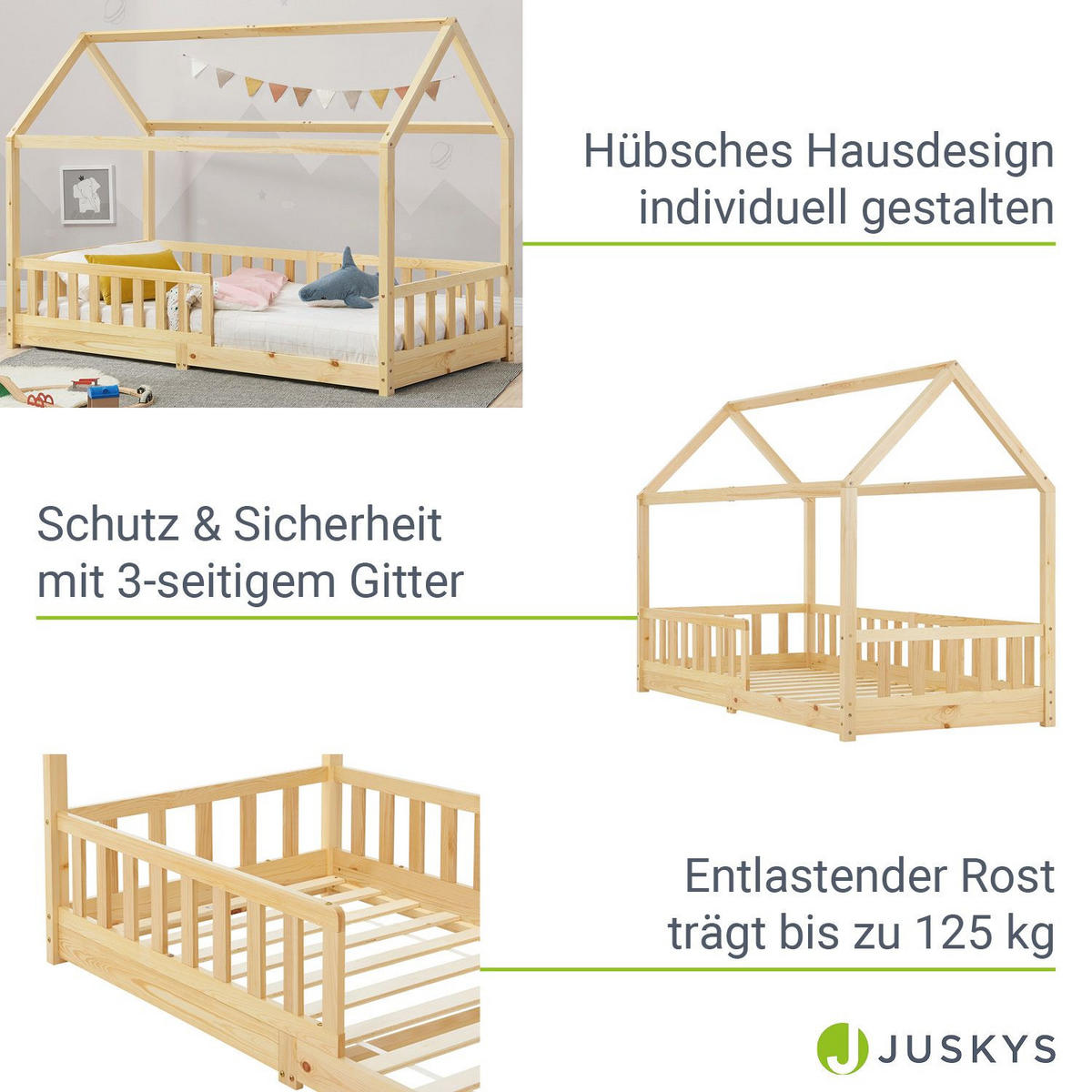 KINDERBETT Marli mit Matratze natur 90x200 cm - Naturfarben, Holz (90/200cm) - Juskys