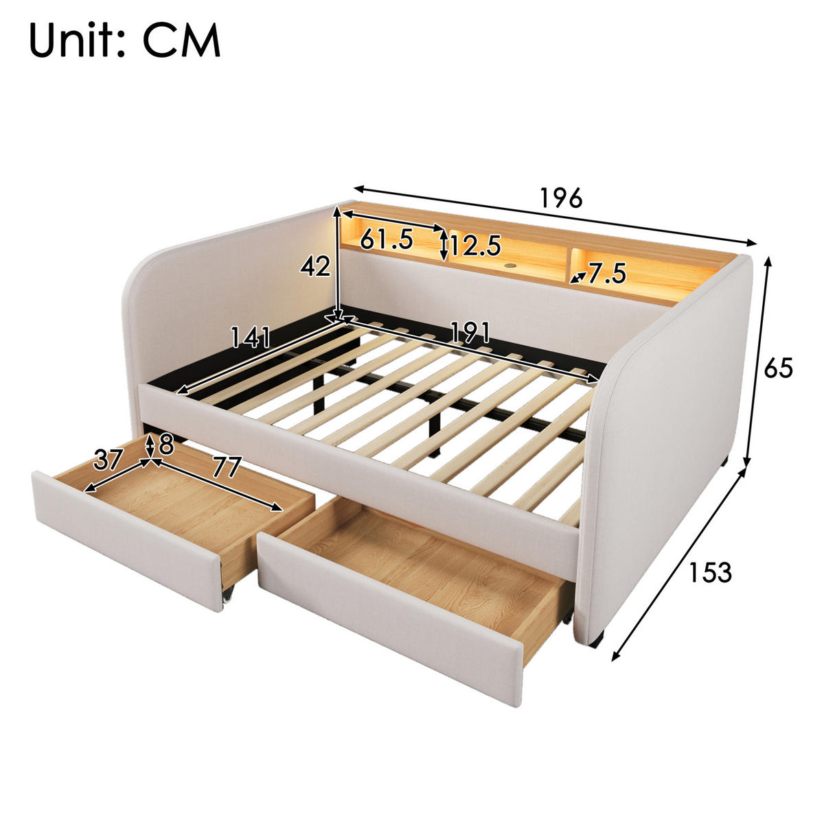 ČALOUNĚNÁ postel 140/190 cm, světle béžová, len, LED osvětlení a USB-C - béžová, textil (140/190cm) - BEAOK
