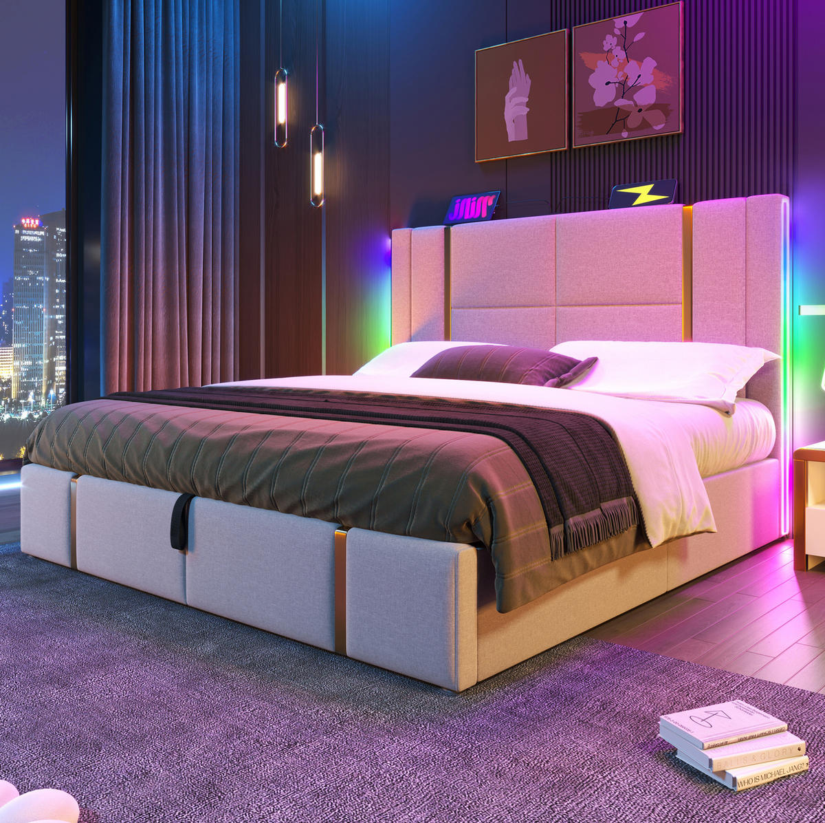 POLSTERBETT mit Stauraum, LED & USB/Typ-C 160x200 cm Beige - Beige, Metall (160/200cm) - Meubliv