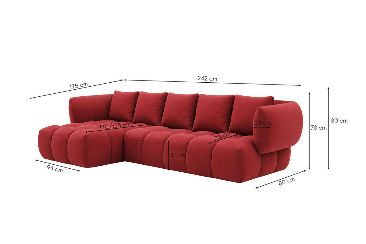 ECKSOFA L-Form, Veloursstoff Bluvel, Rotwein, Links, SEVIO L - Weinrot, Holz (242/175cm) - Kaiser Möbel
