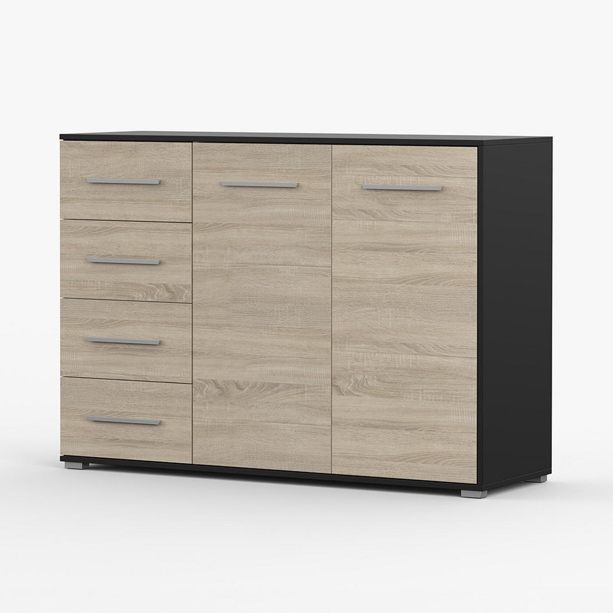 KOMMODE Frida 01 2D4S Schwarz/Sonoma 135 cm - Alufarben/Schwarz, Holzwerkstoff/Kunststoff (135/95/45cm) - imoebel24