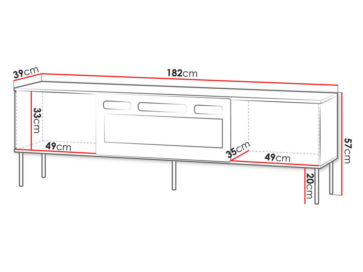 TV-LOWBOARD 180 Notte 05 mit Kamin - Nussbaumfarben/Schwarz, Holzwerkstoff/Metall (182/57/39cm) - MIRJAN24