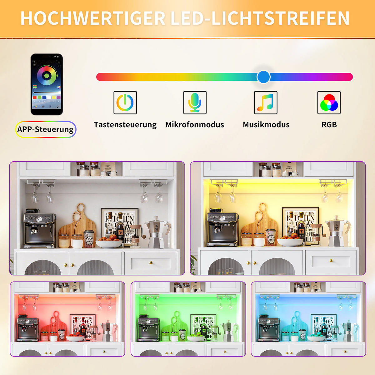 BUFFET 120/40/188 cm in Weiß mit LED-Beleuchtung und Fluted-Glas - Weiß, Holzwerkstoff (120/188/40cm) - Flora Grace