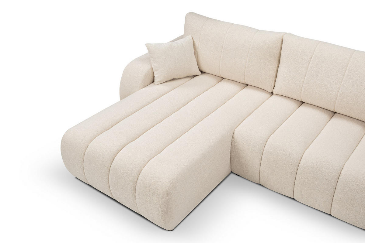 ECKSOFA GIOIA L-S Creme Boucle-Stoff mit Schlaffunktion - Creme, Holz (276/176cm) - MASSENO