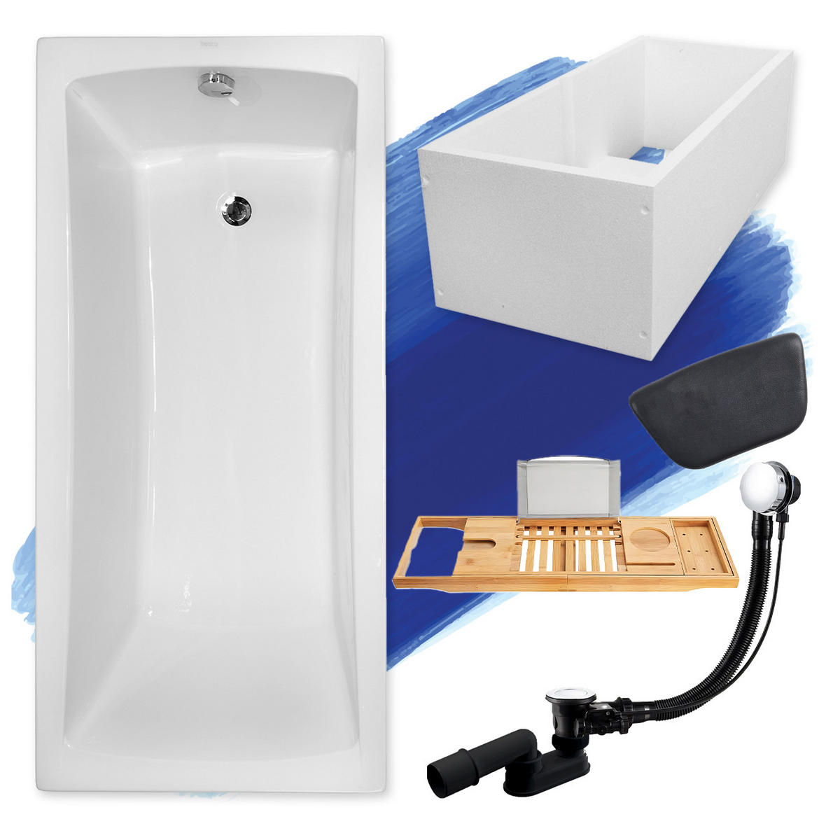 BADEWANNE Rechteck OPTIMA 170/70 + Träger + Ablage + Kopfstütze Ablauf Füße - Weiß, Kunststoff (70/58.5/170cm) - bad land