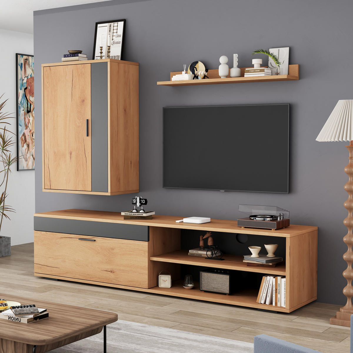 WOHNWAND 3-teilig TV Schrank Holz Schwarz 140cm - Eichefarben, Holzwerkstoff (140/39/35cm) - FLIEKS