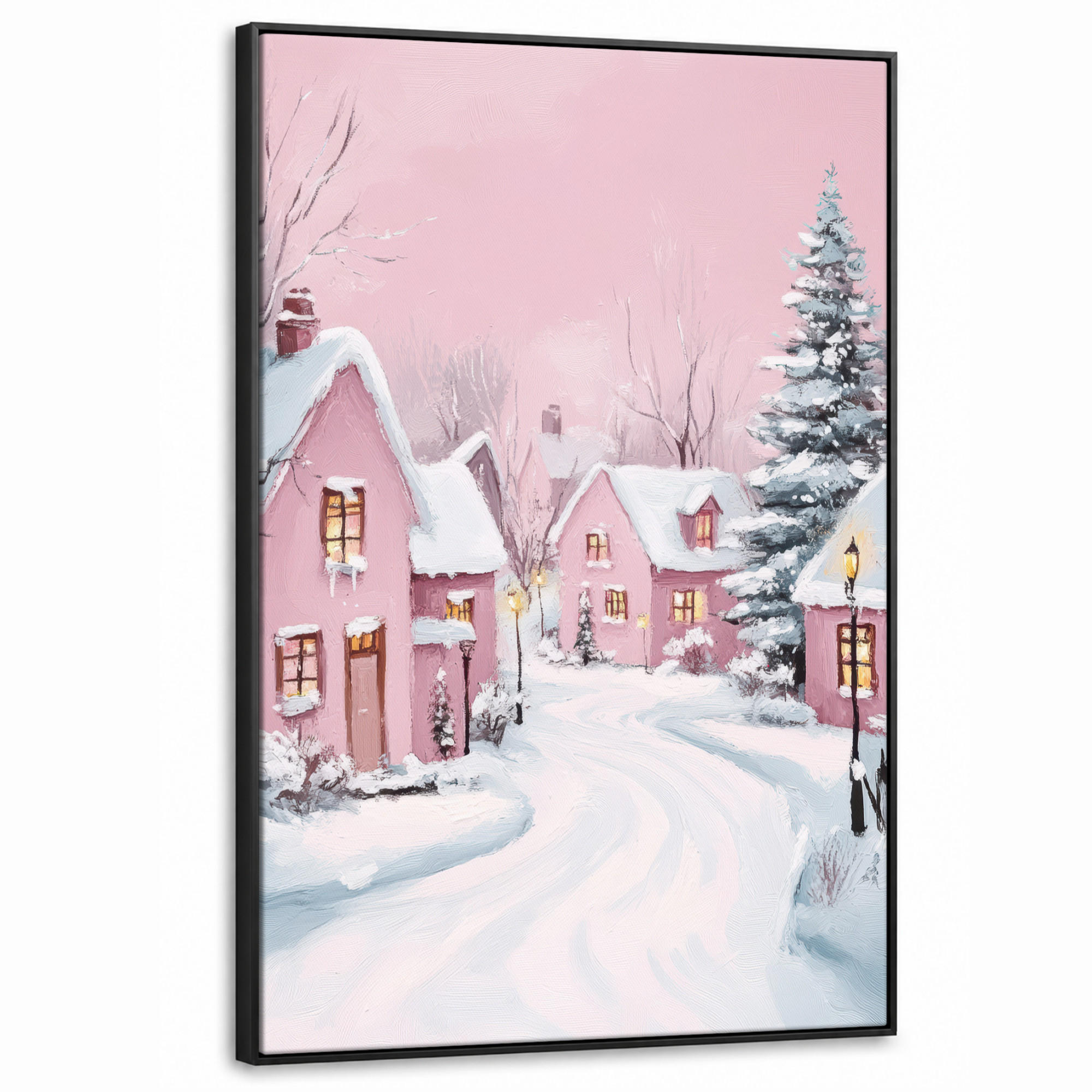 LEINWAND Bilder mit Rahmen - Weihnachtsdorf - Rosa - Winter - Schnee - Häuser - 100x150 - Altrosa, Textil (100/150cm) - MuchoWow