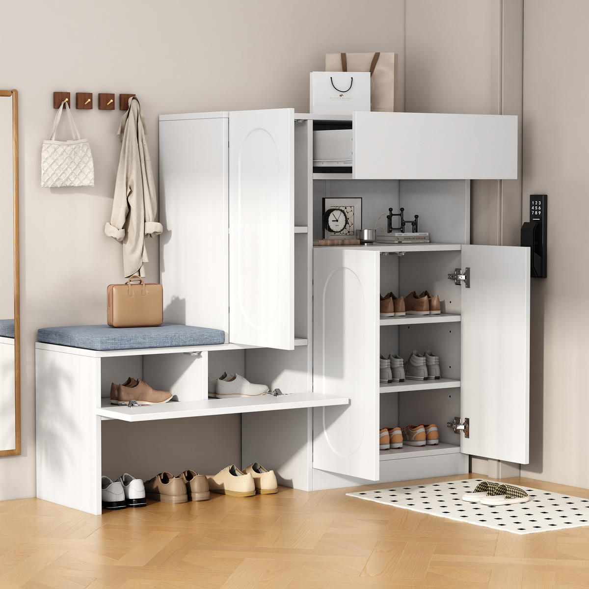 SCHUHSCHRANK 2-in-1 mit Sitzbank Weiß 130x35x110cm - Weiß, Holzwerkstoff (35/110/130cm) - FLIEKS