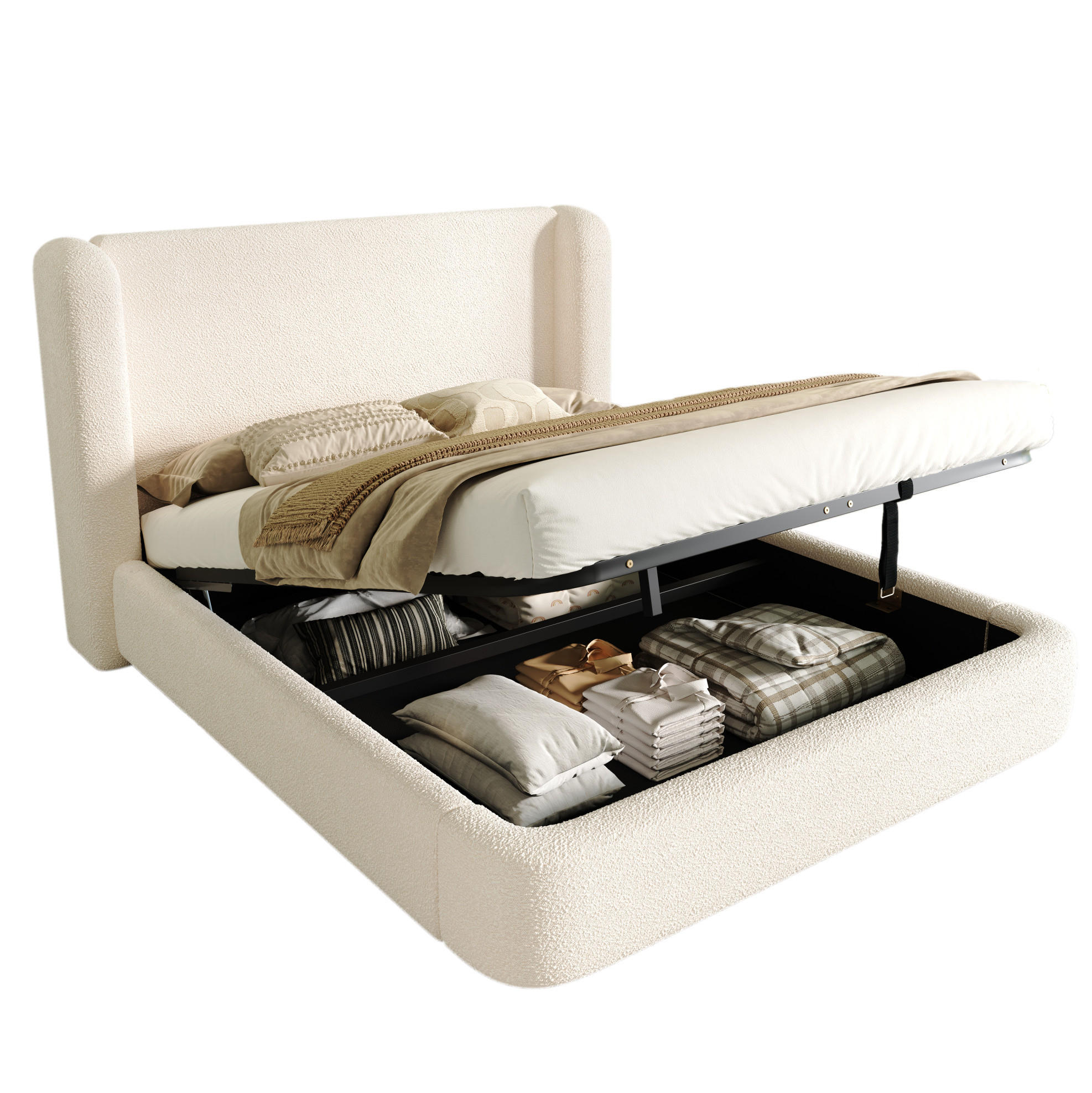 BETT mit Stauraum und Lattenrost Bouclé Beige - Beige, Metall (160/200cm) - Meubliv