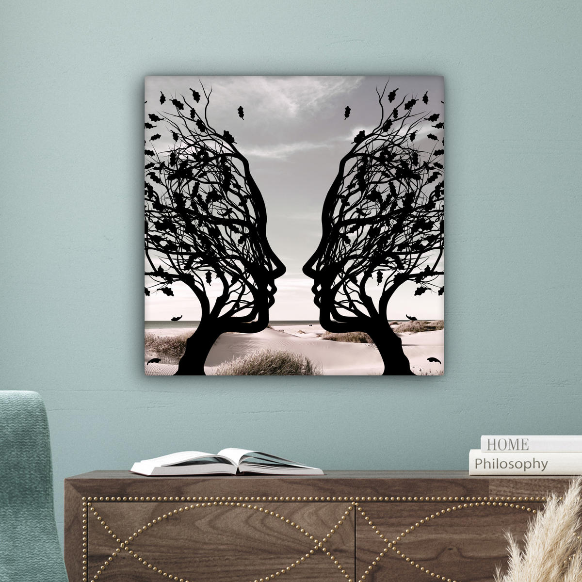 LEINWANDBILD Strand - Meer - Menschen - Baum - Moderne Kunst 50x50 cm - Hellgrau, Textil (50/50cm) - MuchoWow