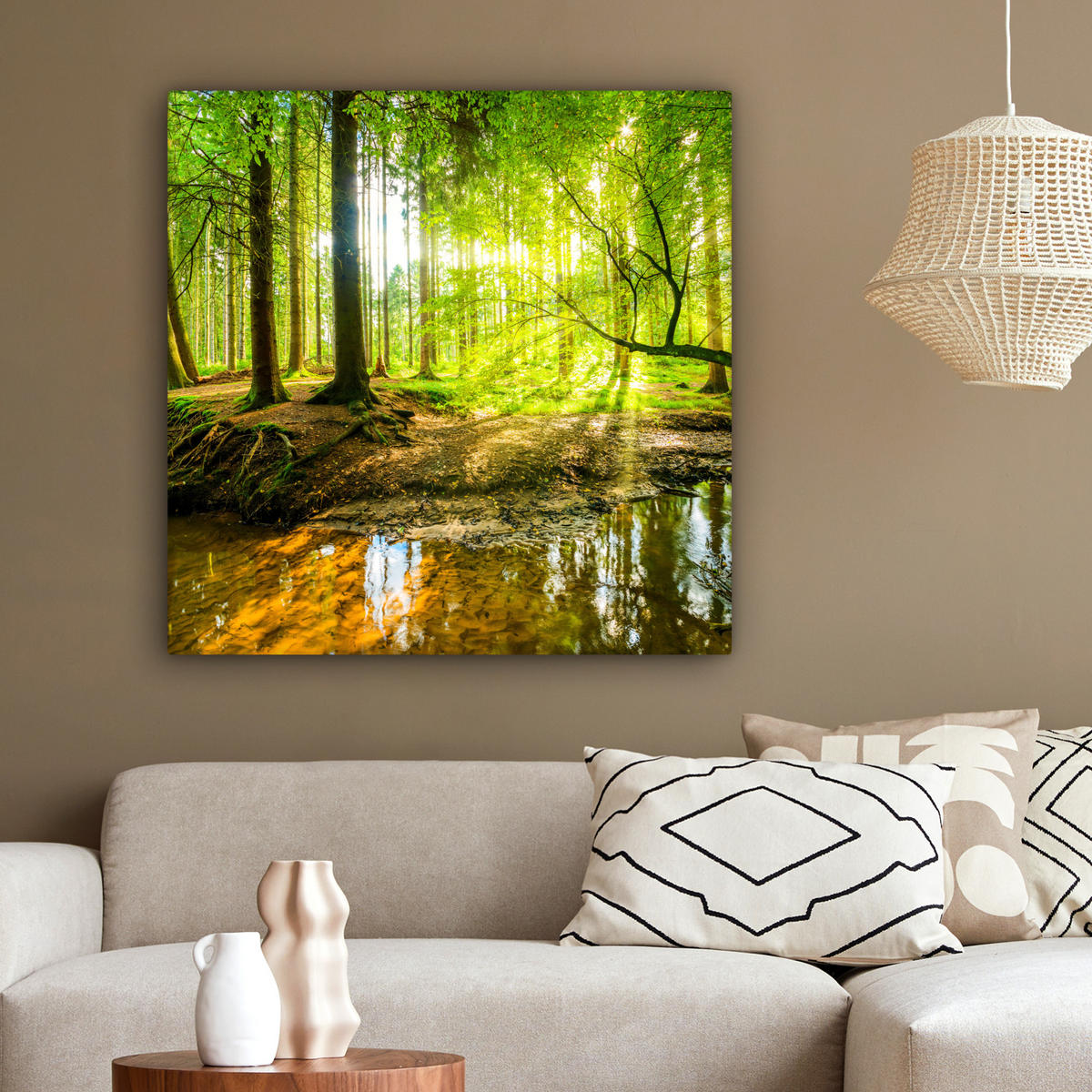 LEINWANDBILD Wald - Landschaft - Wasser - Bäume - Sonne - Grün - Natur 90x90 cm - Grün, Textil (90/90cm) - MuchoWow
