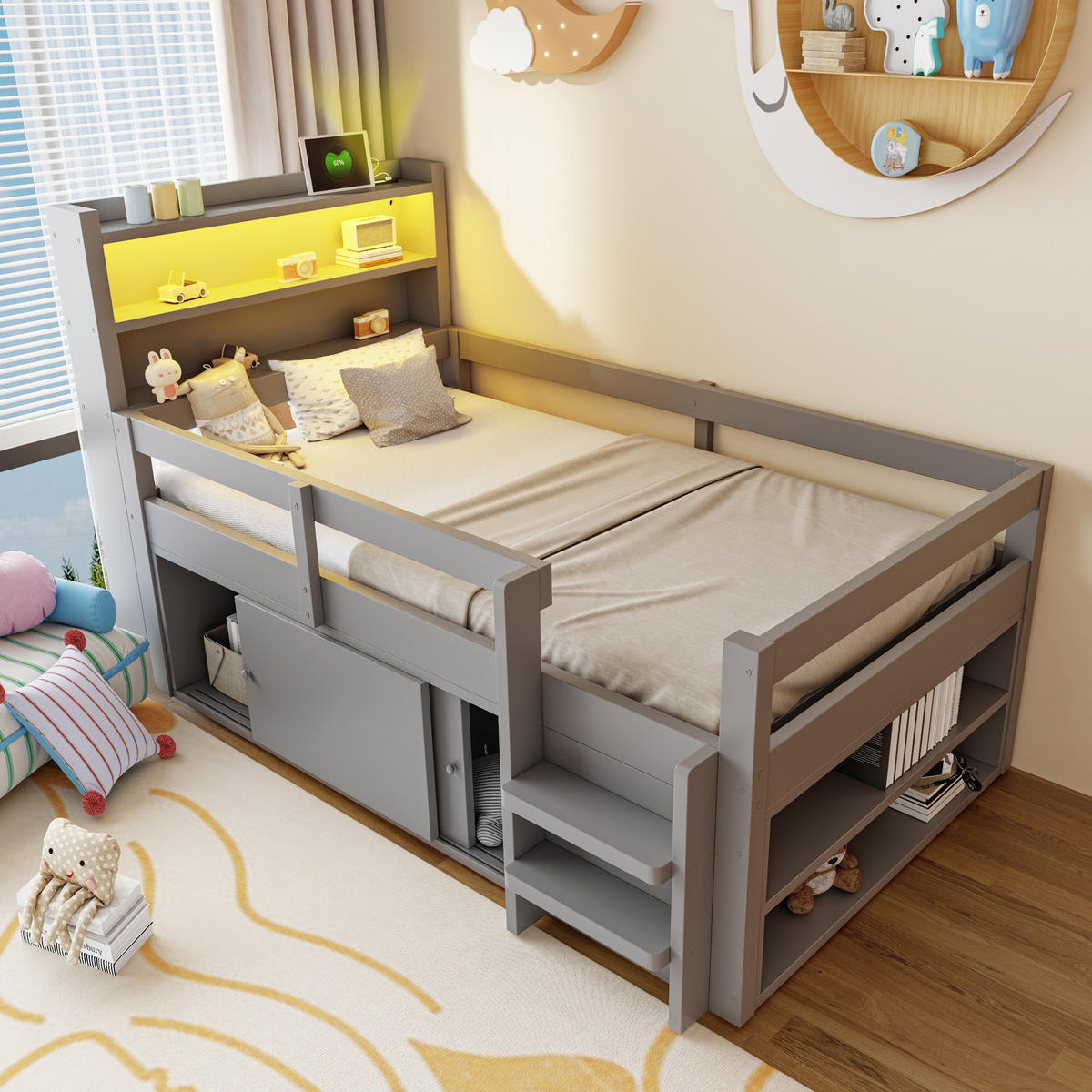 HOCHBETT 90/200 cm in Grau aus Holz mit LED, USB, Stauraum und Schutzgittern - Grau, Holz/Holzwerkstoff (90/200cm) - WISHDOR