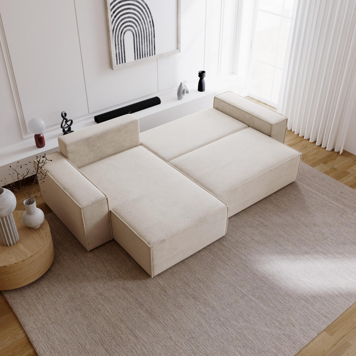 ECKSOFA mit Schlaffunktion Bergamo L 280 cm, Samt, Links - Vanille - Ecru, Holz (277/189cm) - Emporius