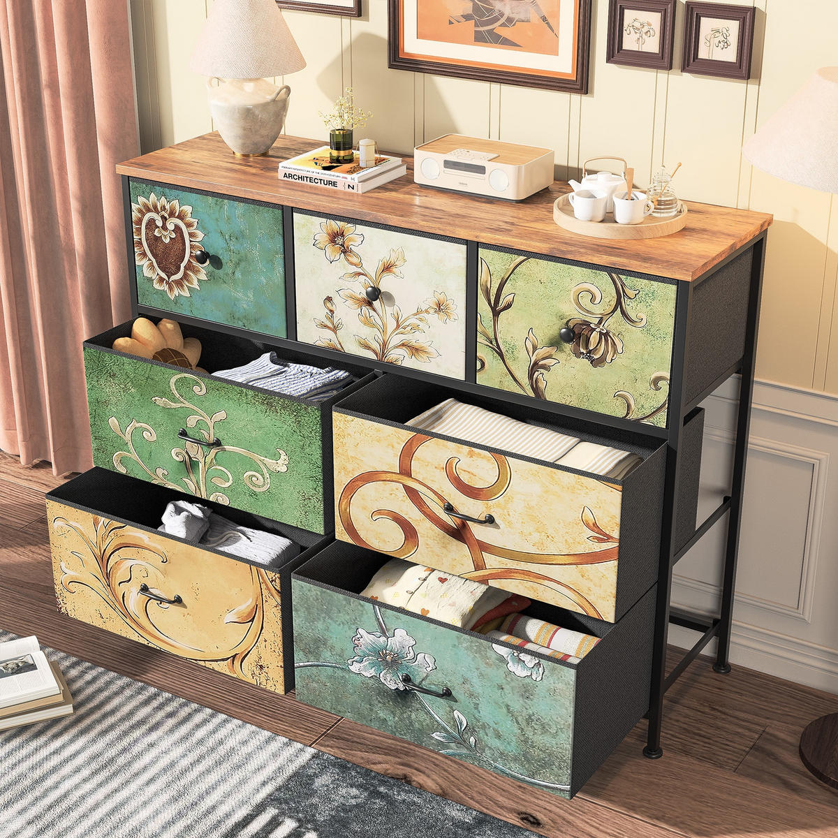 KOMMODE mit 7 Schubladen - 100x30x78cm - Faltbare Stoffschubladen im Vintage-Stil & Verstellbare Füße - Retro-Muster Mehrfarbig - Multicolor, Metall (30/78/100cm) - DELFA