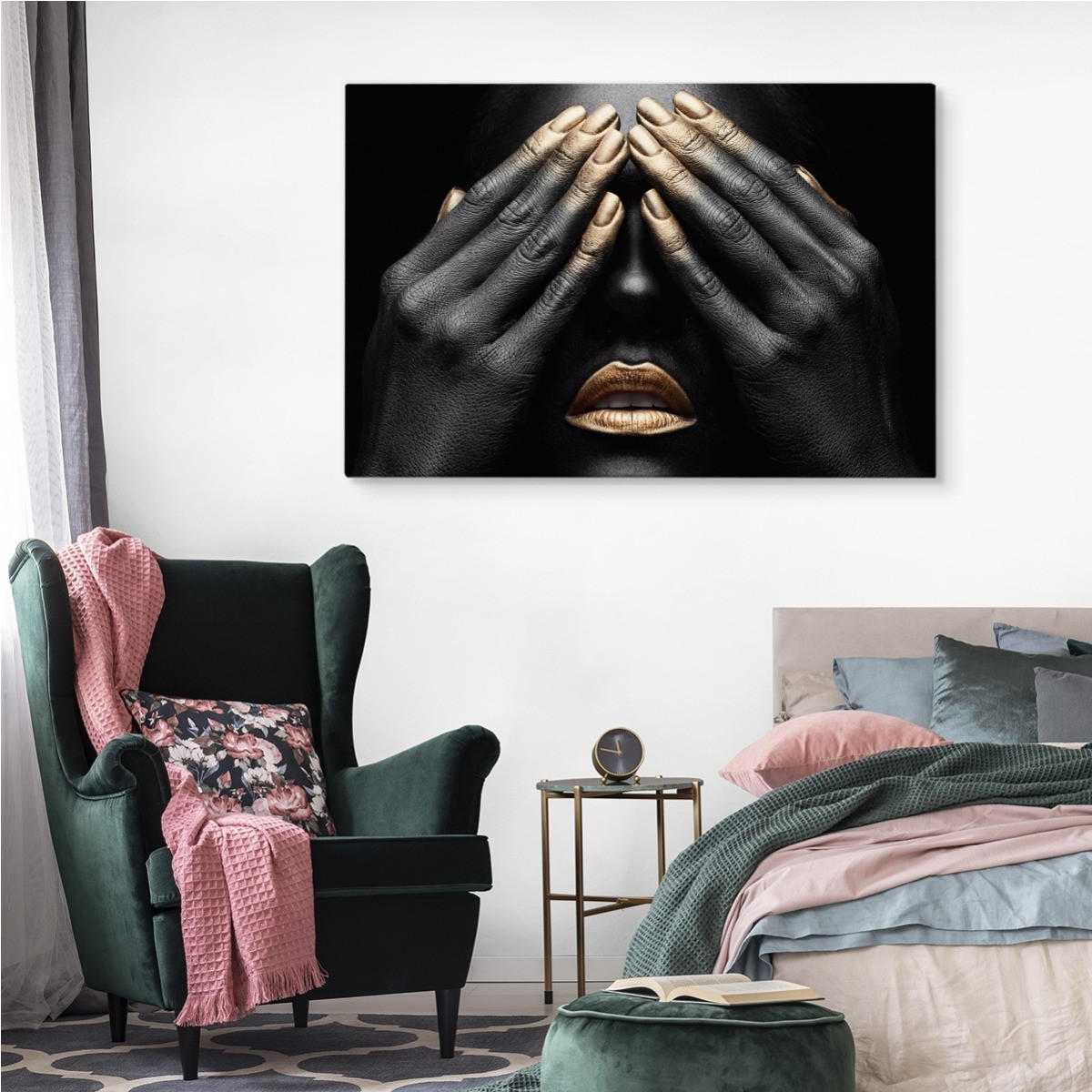 LEINWANDBILD Abstrakt Frau Gesicht goldenes Mund Finger 120/80 cm - Schwarz/Weiß, Textil (120/80cm) - Muralo