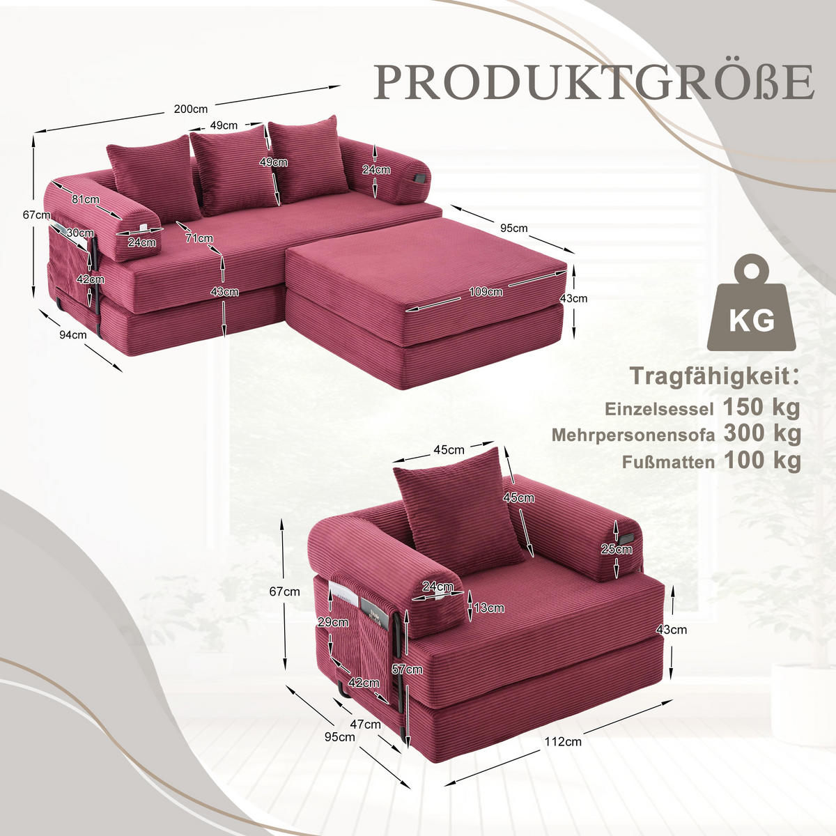 SITZGARNITUR DE-33801 modular mit Hocker Weinrot - Weinrot, Metall (200/67/190cm) - ComfortXL