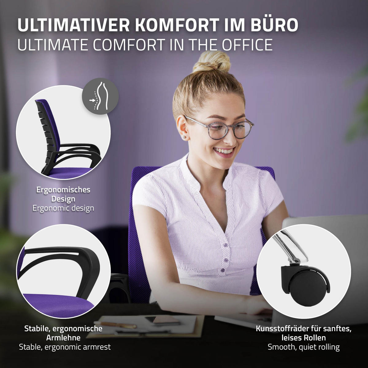 SCHREIBTISCHSTUHL Classic lila - Violett, Metall (54/99/59cm) - ML-DESIGN