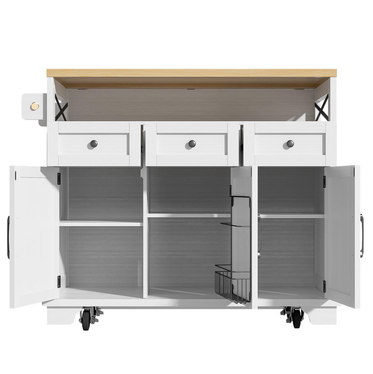 KUCHYNSKÝ ostrovček 118/43-70/98 cm s výklopnou doskou, kolieskami, úložným priestorom a MDF doskou, Biela - biela, kompozitné drevo (43/98/118cm) - Redom